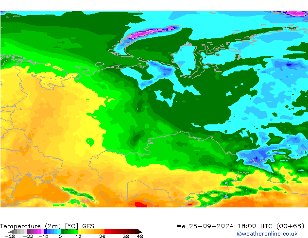 Temperatura (2m) GFS mer 25.09.2024 18 UTC