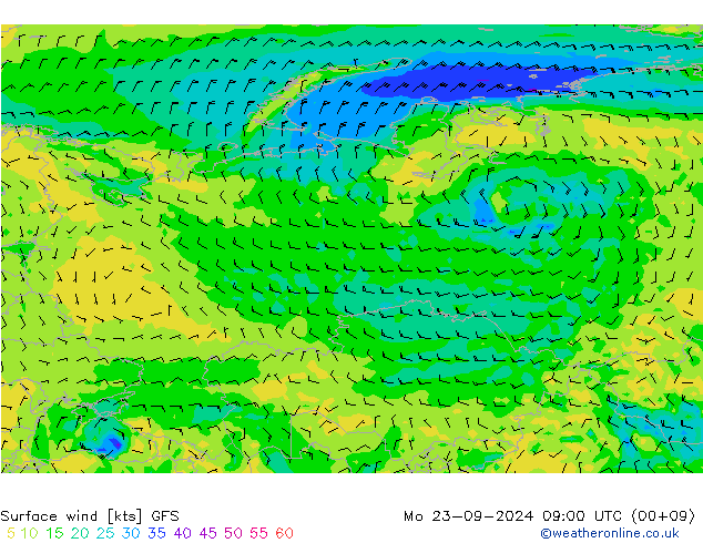 Surface wind GFS Mo 23.09.2024 09 UTC