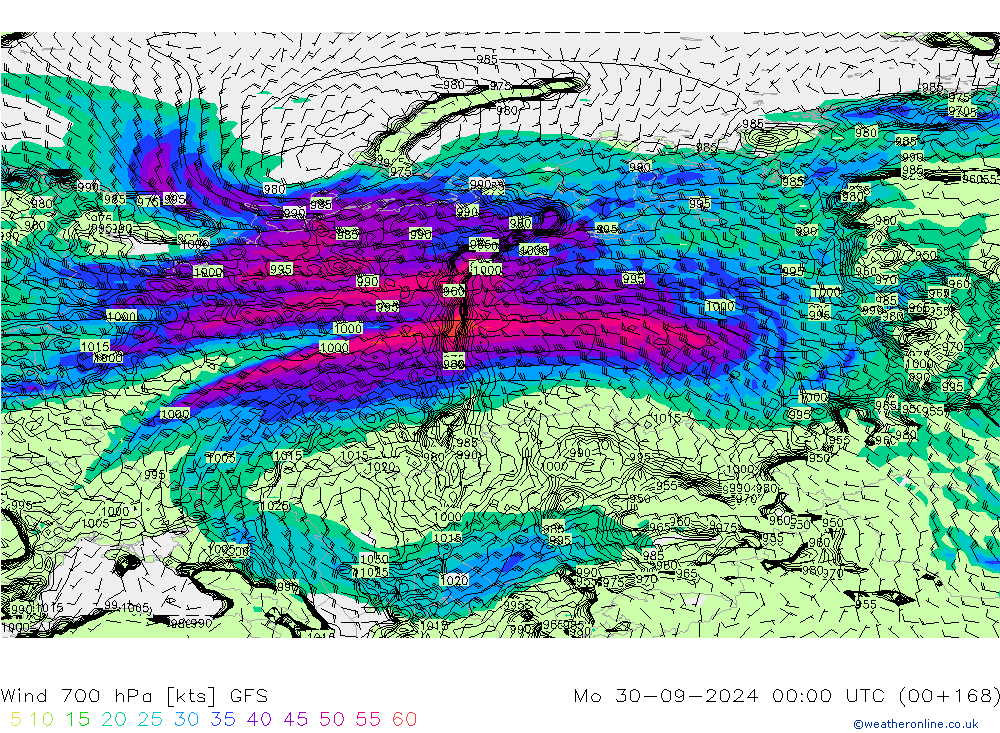 Vent 700 hPa GFS lun 30.09.2024 00 UTC