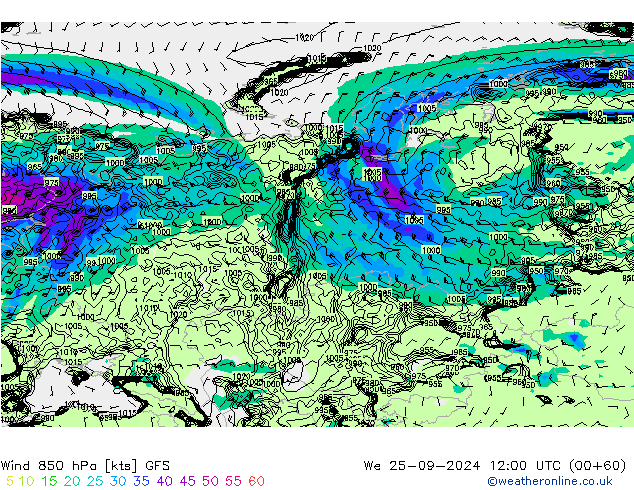 Wind 850 hPa GFS We 25.09.2024 12 UTC