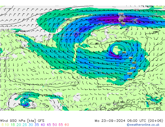 Prec 6h/Wind 10m/950 GFS Po 23.09.2024 06 UTC