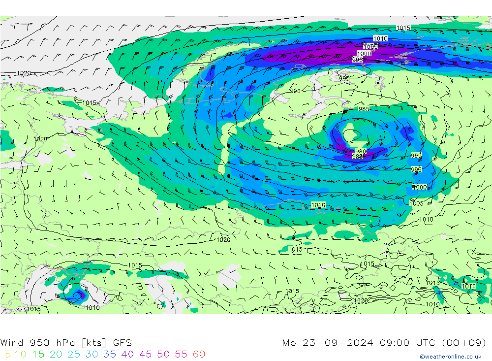 Wind 950 hPa GFS ma 23.09.2024 09 UTC