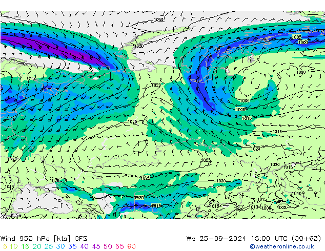 Wind 950 hPa GFS Mi 25.09.2024 15 UTC