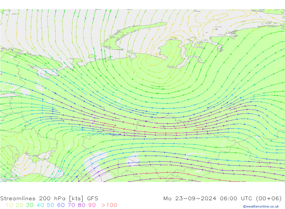 Streamlines 200 hPa GFS Mo 23.09.2024 06 UTC