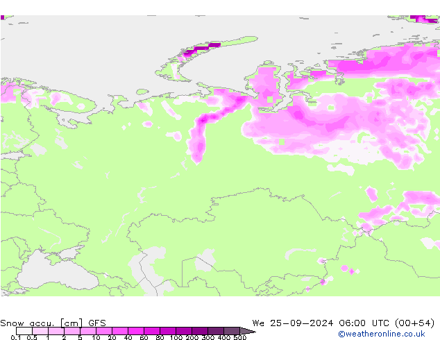 Глубина снега GFS ср 25.09.2024 06 UTC