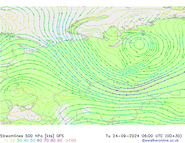 Streamlines 500 hPa GFS Tu 24.09.2024 06 UTC