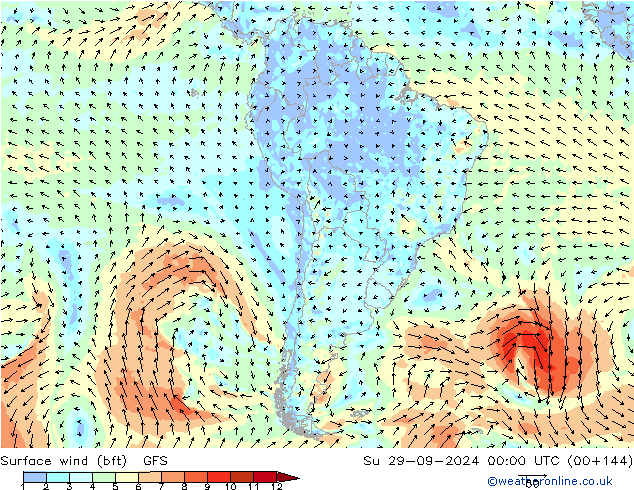 Wind 10 m (bft) GFS zo 29.09.2024 00 UTC