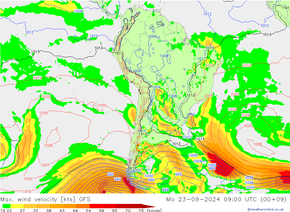 Max. wind velocity GFS пн 23.09.2024 09 UTC