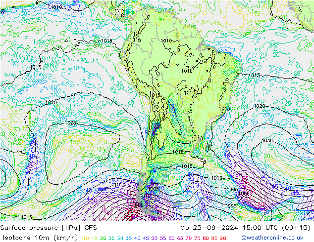 Isotachs (kph) GFS Mo 23.09.2024 15 UTC