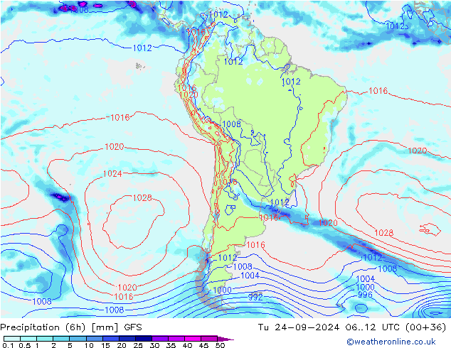 Precipitazione (6h) GFS mar 24.09.2024 12 UTC