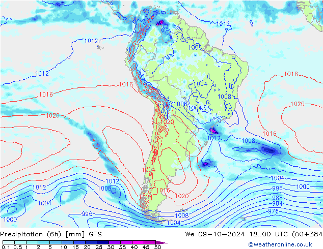 Totale neerslag (6h) GFS wo 09.10.2024 00 UTC