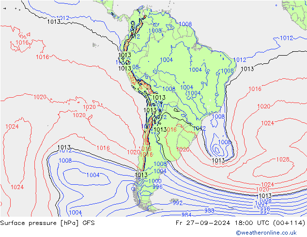 Presión superficial GFS vie 27.09.2024 18 UTC