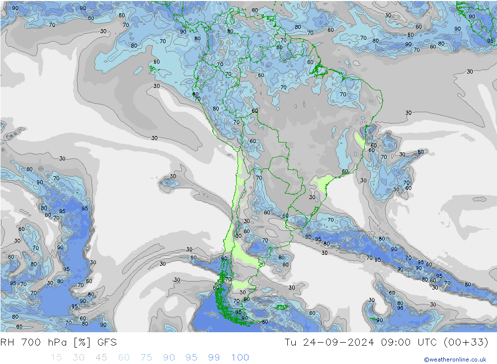 RH 700 hPa GFS Tu 24.09.2024 09 UTC