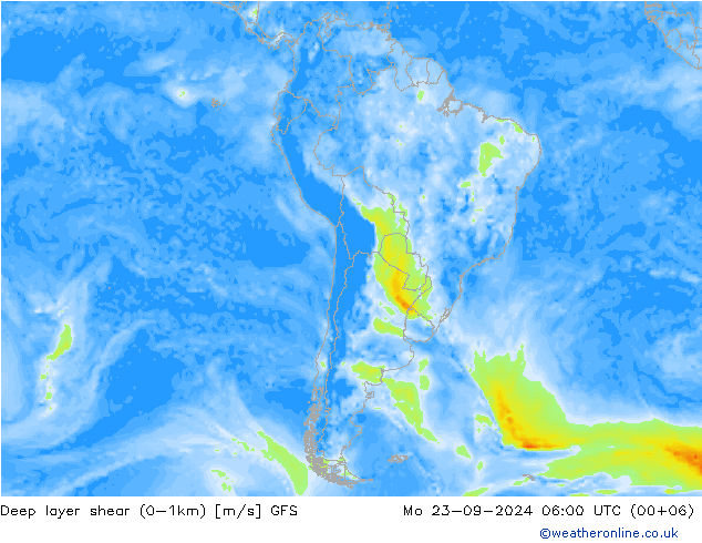 Deep layer shear (0-1km) GFS lun 23.09.2024 06 UTC