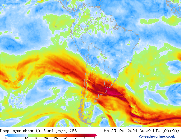 Deep layer shear (0-6km) GFS Po 23.09.2024 09 UTC