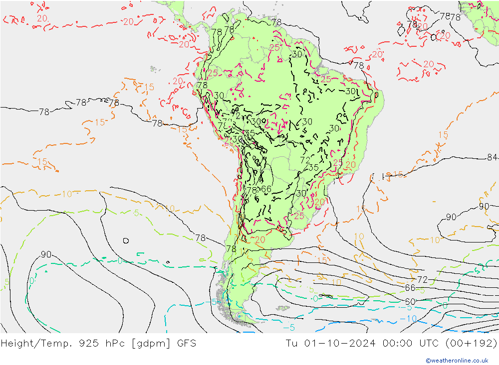 Height/Temp. 925 hPa GFS wto. 01.10.2024 00 UTC