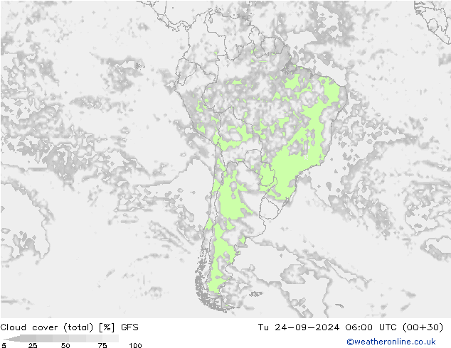 Cloud cover (total) GFS Tu 24.09.2024 06 UTC