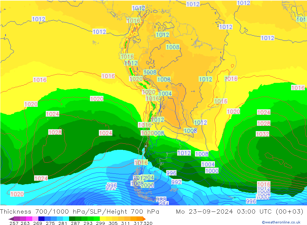 Thck 700-1000 hPa GFS Po 23.09.2024 03 UTC