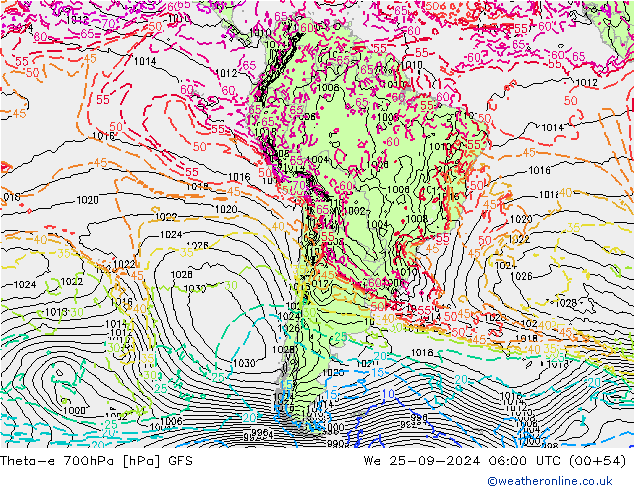 Theta-e 700hPa GFS mer 25.09.2024 06 UTC