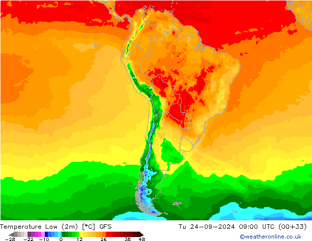 Temp. minima (2m) GFS mar 24.09.2024 09 UTC