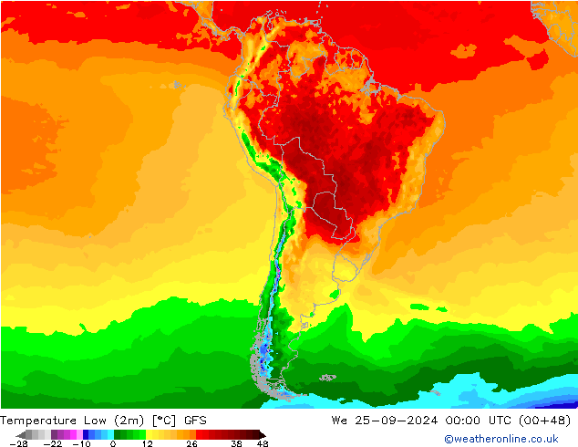 Min.temperatuur (2m) GFS wo 25.09.2024 00 UTC