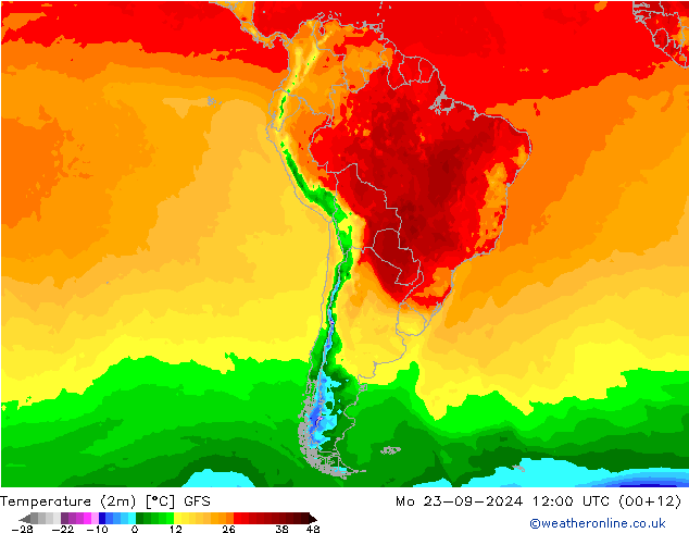 Temperatuurkaart (2m) GFS ma 23.09.2024 12 UTC