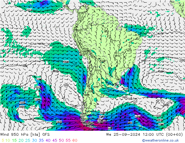 Rüzgar 950 hPa GFS Çar 25.09.2024 12 UTC