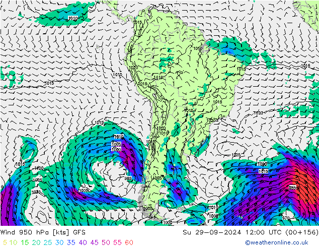 Rüzgar 950 hPa GFS Paz 29.09.2024 12 UTC