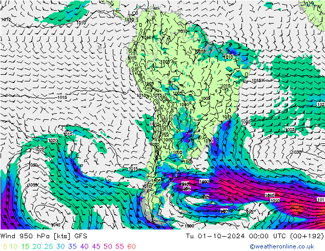 Wind 950 hPa GFS Di 01.10.2024 00 UTC