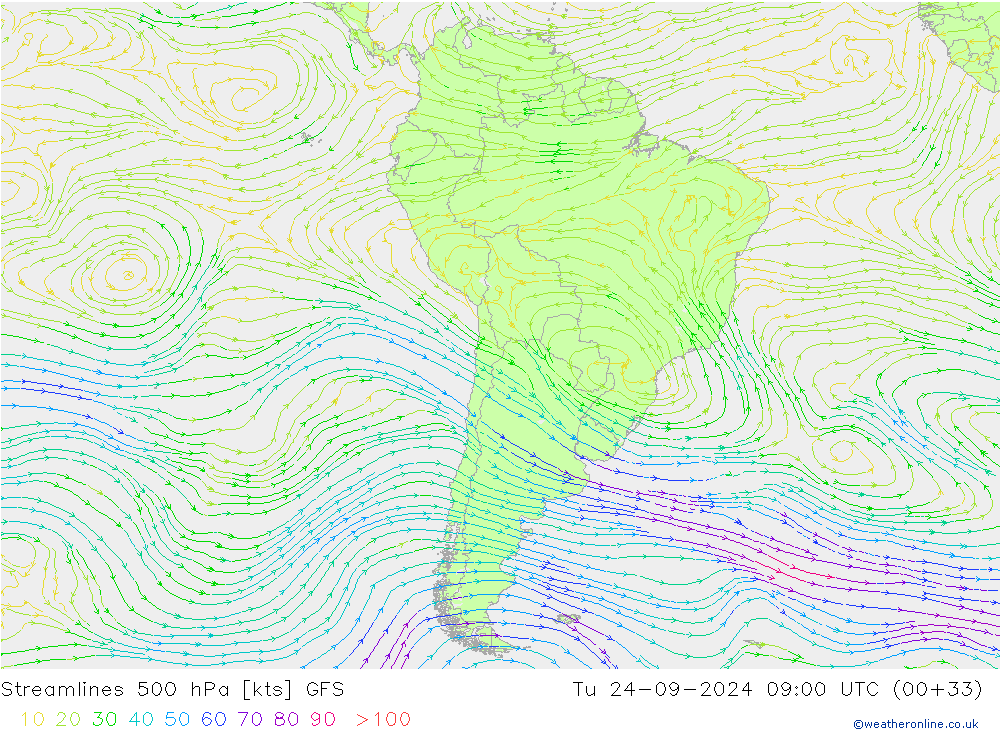 Streamlines 500 hPa GFS Tu 24.09.2024 09 UTC