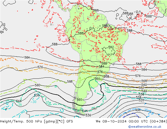 Z500/Rain (+SLP)/Z850 GFS mer 09.10.2024 00 UTC