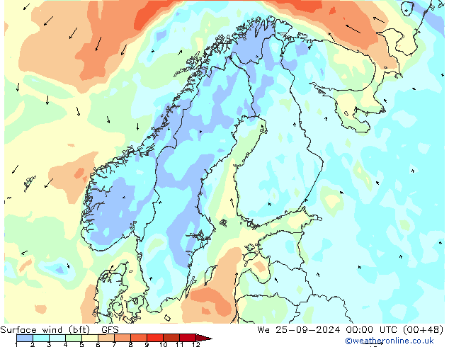 Bodenwind (bft) GFS Mi 25.09.2024 00 UTC