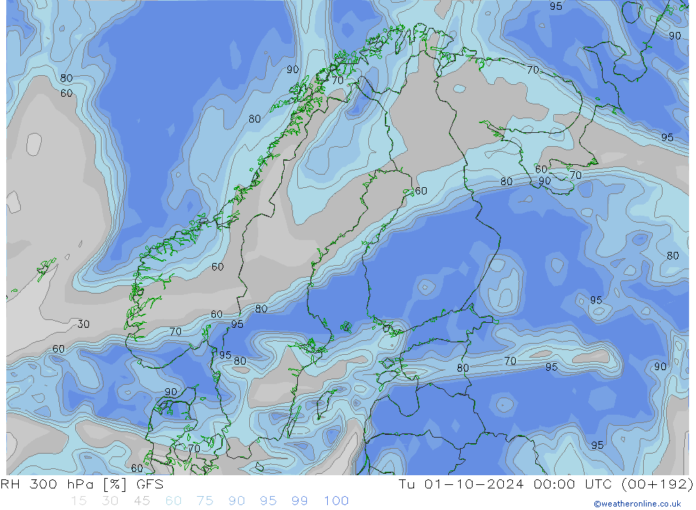 RH 300 гПа GFS вт 01.10.2024 00 UTC