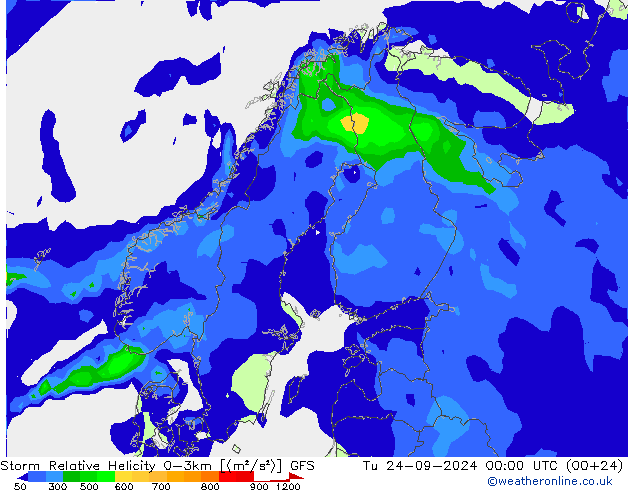 Storm Relative Helicity GFS Tu 24.09.2024 00 UTC