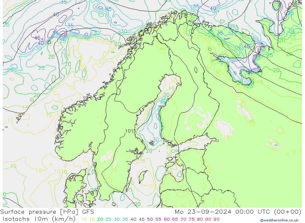 Isotachs (kph) GFS Mo 23.09.2024 00 UTC