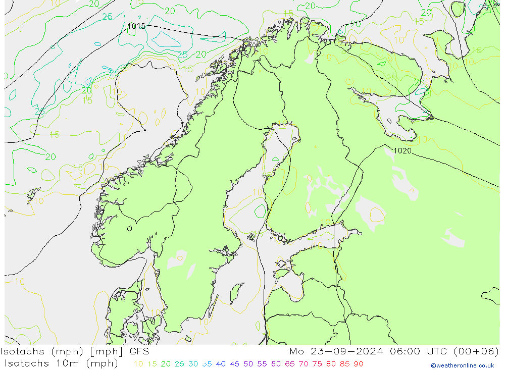 Isotachs (mph) GFS пн 23.09.2024 06 UTC