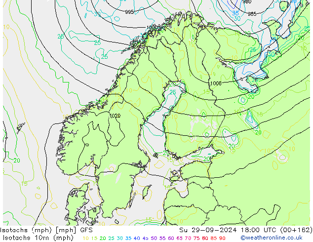 Isotachs (mph) GFS dom 29.09.2024 18 UTC