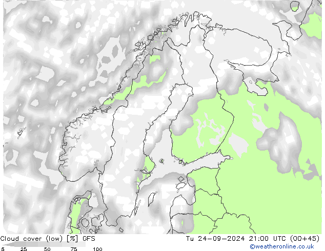 Cloud cover (low) GFS Tu 24.09.2024 21 UTC