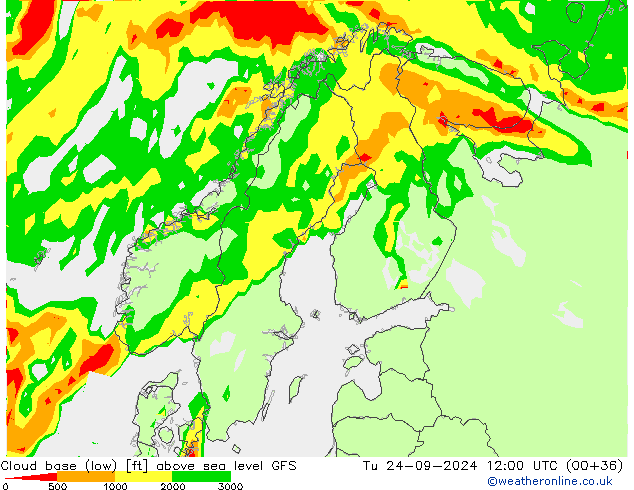 Cloud base (low) GFS Tu 24.09.2024 12 UTC