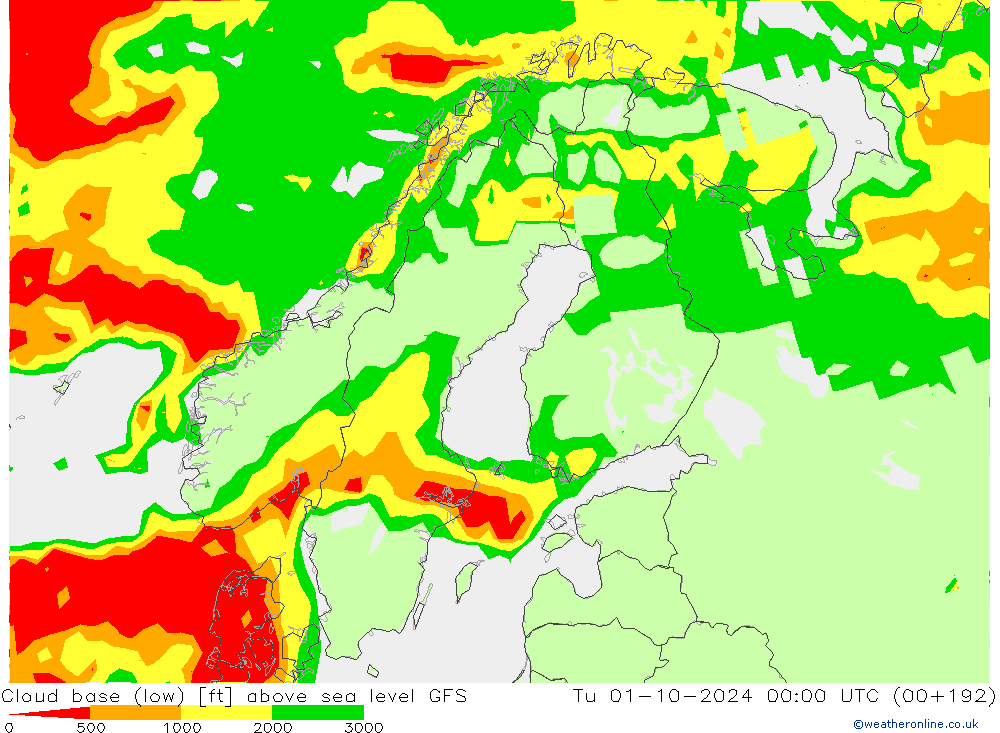 Cloud base (low) GFS Út 01.10.2024 00 UTC