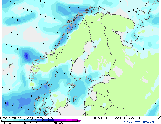 Precipitação (12h) GFS Ter 01.10.2024 00 UTC