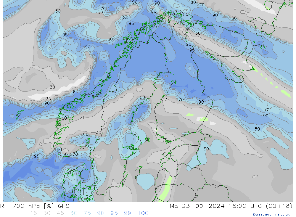 RH 700 hPa GFS Mo 23.09.2024 18 UTC