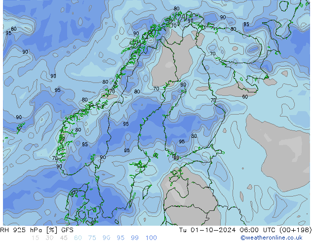 RH 925 гПа GFS вт 01.10.2024 06 UTC