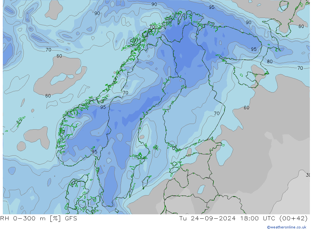 RH 0-300 m GFS  24.09.2024 18 UTC