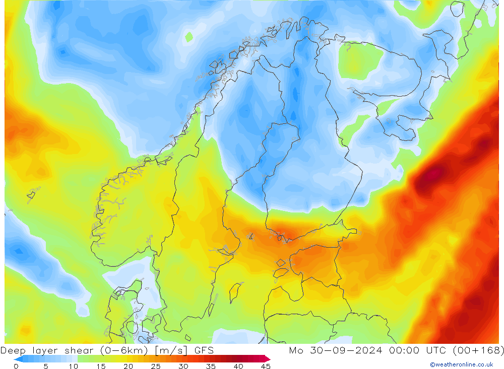 Deep layer shear (0-6km) GFS lun 30.09.2024 00 UTC