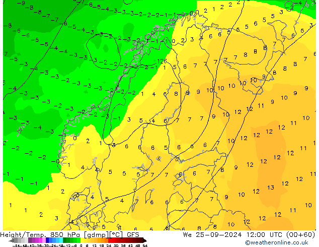 Height/Temp. 850 hPa GFS mer 25.09.2024 12 UTC