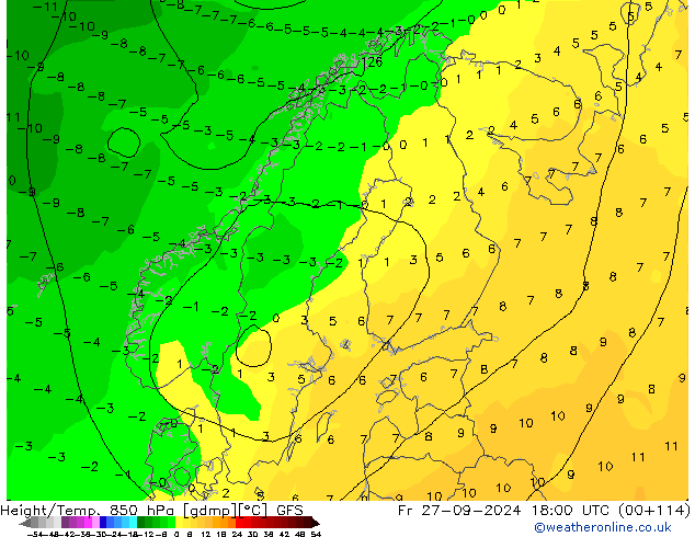 Hoogte/Temp. 850 hPa GFS vr 27.09.2024 18 UTC