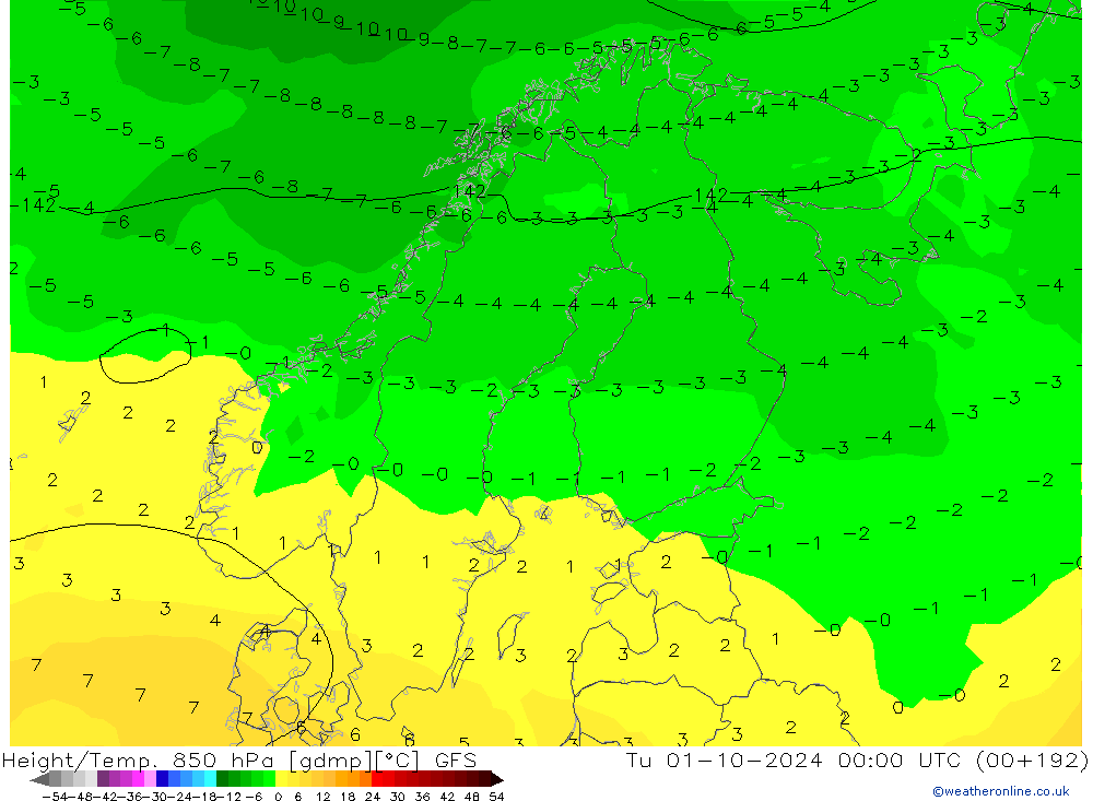 Height/Temp. 850 hPa GFS Út 01.10.2024 00 UTC