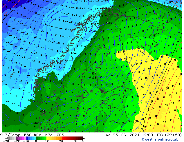 SLP/Temp. 850 hPa GFS mié 25.09.2024 12 UTC