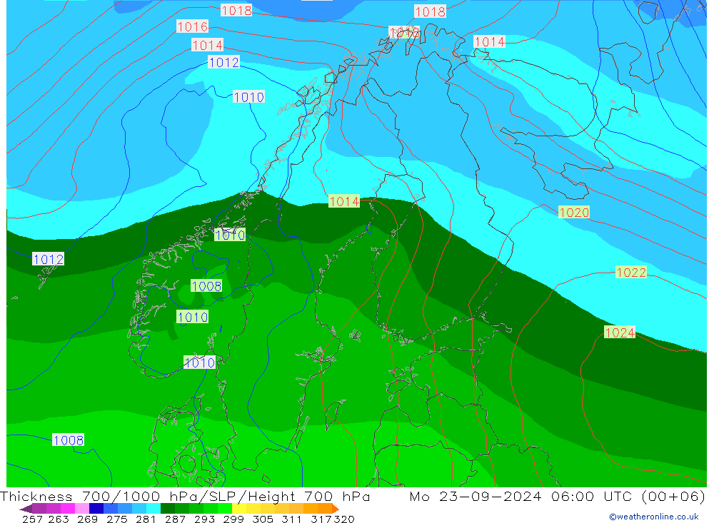 700-1000 hPa Kalınlığı GFS Pzt 23.09.2024 06 UTC